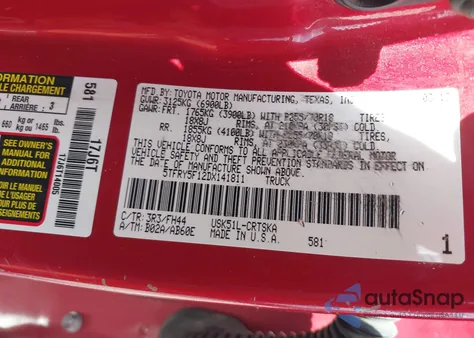 2013 Toyota Tundra Grade 5.7L V8 z USA, uszkodzony, nr VIN 5TFRY5F12DX141811